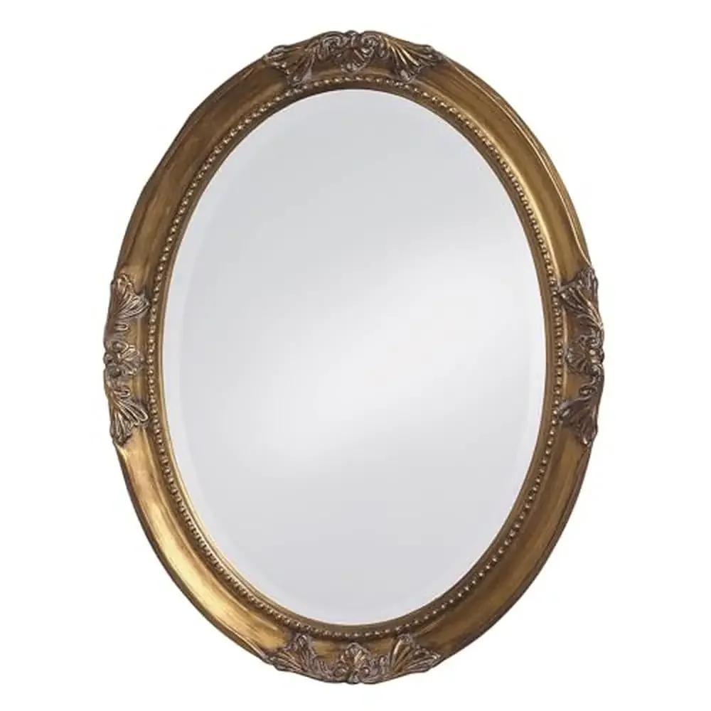 Oval Beveled Antique Gold Leaf Wall Mirror Hanging Home Decor Living Focal Point Accent Textured Inset 33x25 Inch Mirror Frame