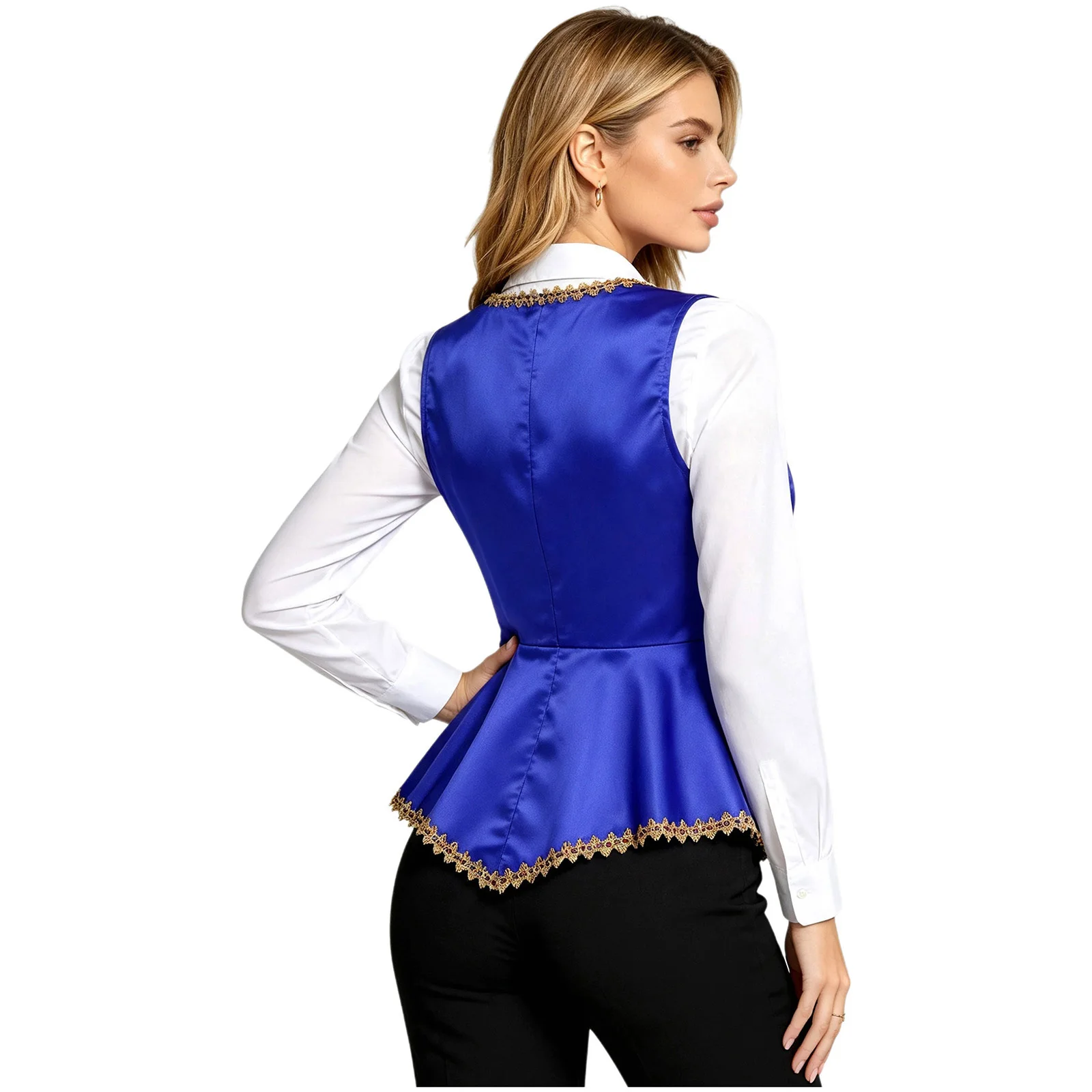 Women Satin Victorian Waistcoat Gold Trim Gothic Steampunk Thank Tops Lace-up Sleeveless Peplum Vest for Halloween Raves Party
