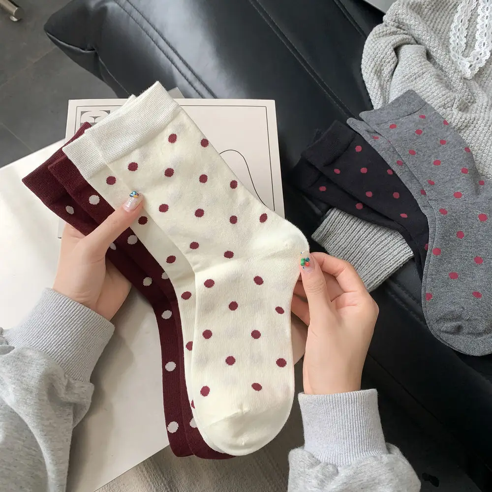 Harajuku Vintage Frauen Socken Herbst Winter Neue Gestrickte Baumwolle Elastische Lange Socken Frauen Polka Dot Japanischen Kawaii Nette Socken Sox – Detail 7