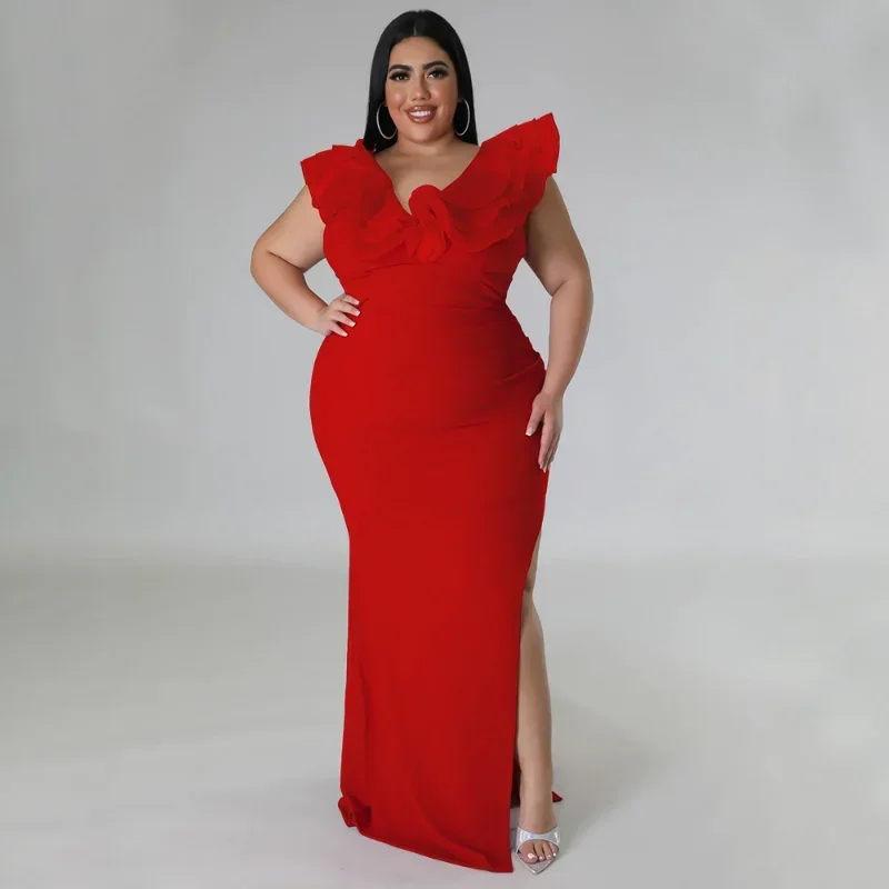 KEXU Plus Size Women Mesh Ruffles V Neck  Bodycon Maxi Dress Sexy Side Split Party Club Evening Long Summer Dresses