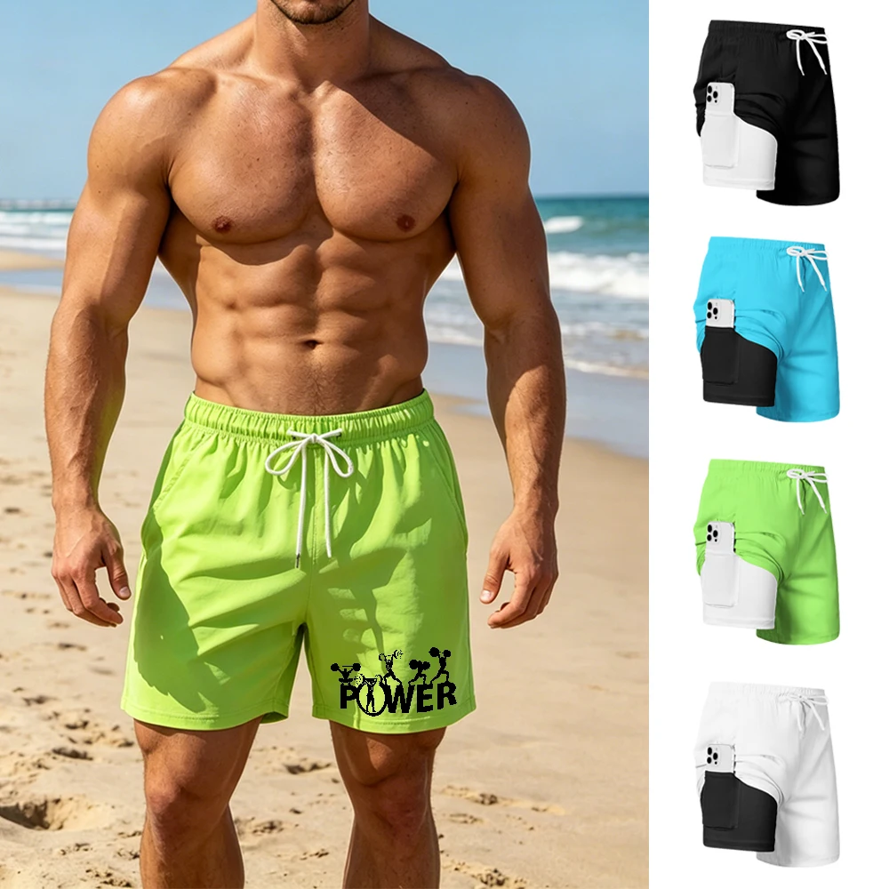 

Men's Creative POWER Print Double Layer Fitness Shorts Quick Drying Breathable Casual Beach Shorts With Inner Cell Phone Pocket