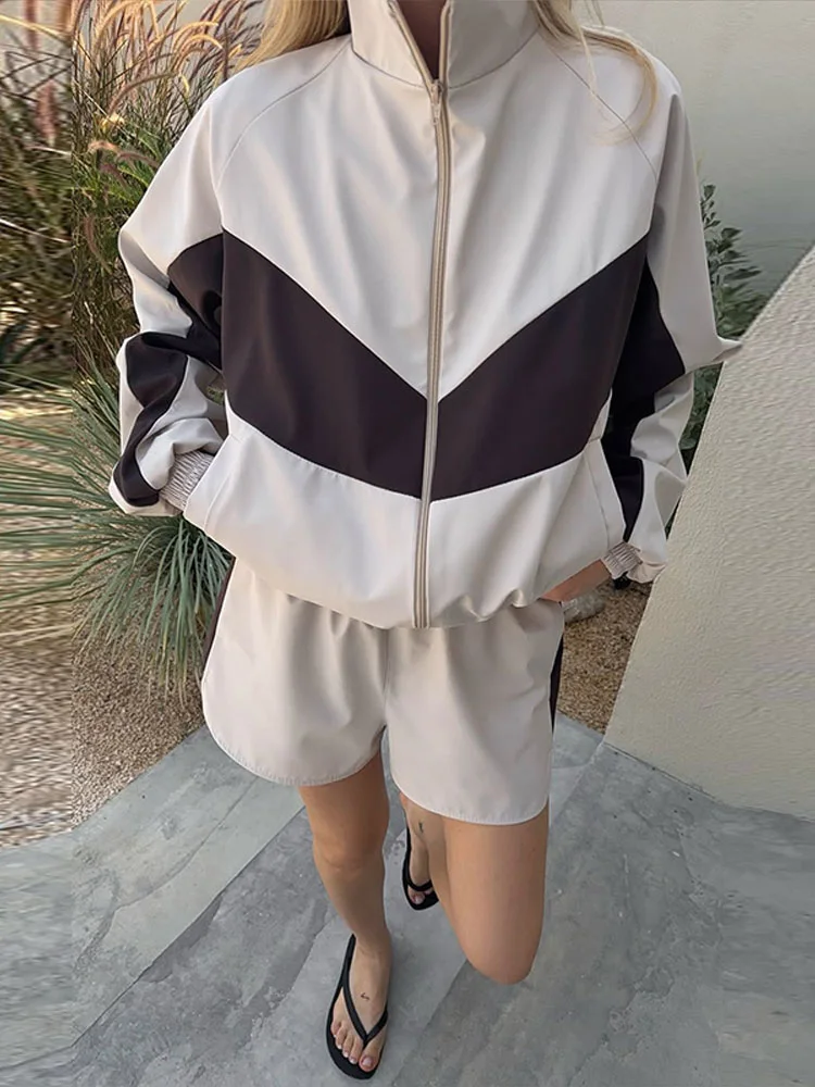 Damen-Shorts 2-teiliges Set Stehkragen Laternenärmel Reißverschluss-Jacken Elastische Taille Kurze Hosen Schicke Damen Paneel-Loose-Anzüge – Detail 19