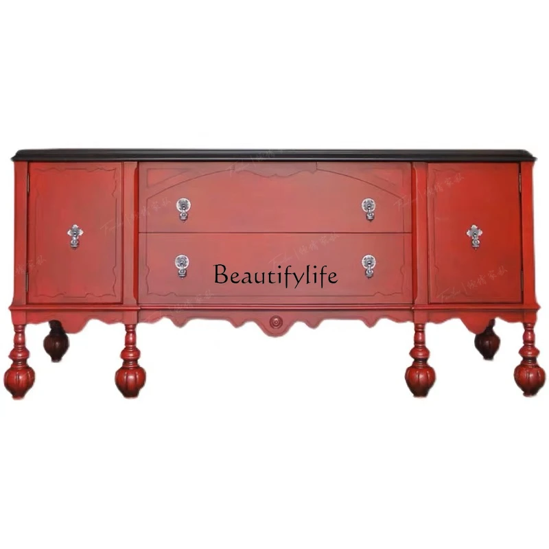 

French Retro Sideboard European-Style Wood Carved Living Room Entrance Hallway High-End TV Cabinet