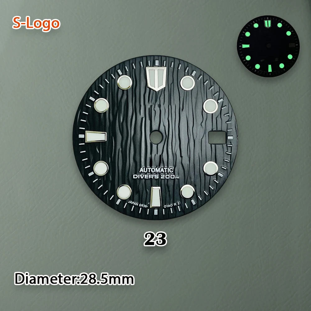 Quadrante da sub con logo S da 28,5 mm adatto per movimento NH35/NH36/4R/7S verde luminoso strumento di accessori per la modifica dell'orologio di alta qualità