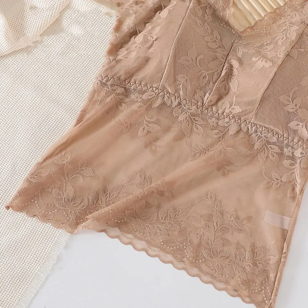 أزياء الخامس الرقبة الدانتيل شبكة بروتيل سليم صالح الدانتيل الشفاف المحاصيل قمم رقيقة كامي سترة مع منصات الصيف