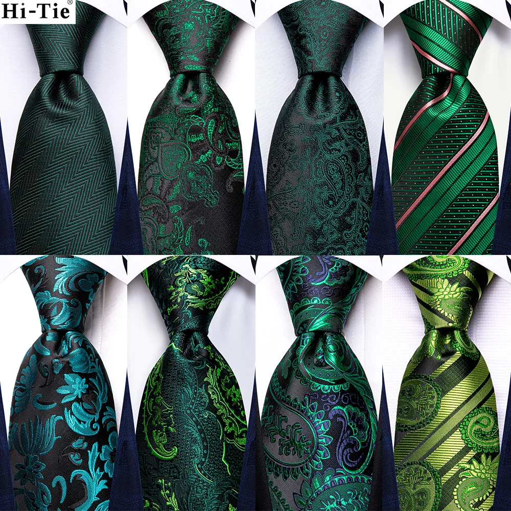 Designer Striped Green Ties For Men Wedding Party Necktie Luxury Hanky Cufflinks Silk Tie Set Gift For Men Hi-Tie Wholesale