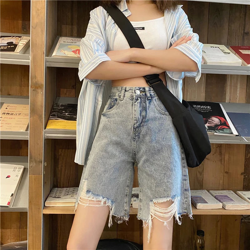 

S-5xl Women Ripped Denim Shorts Summer New High Waist Straight Raw Edge Fifth Pants Korean Leisure Plus Sized Jeans