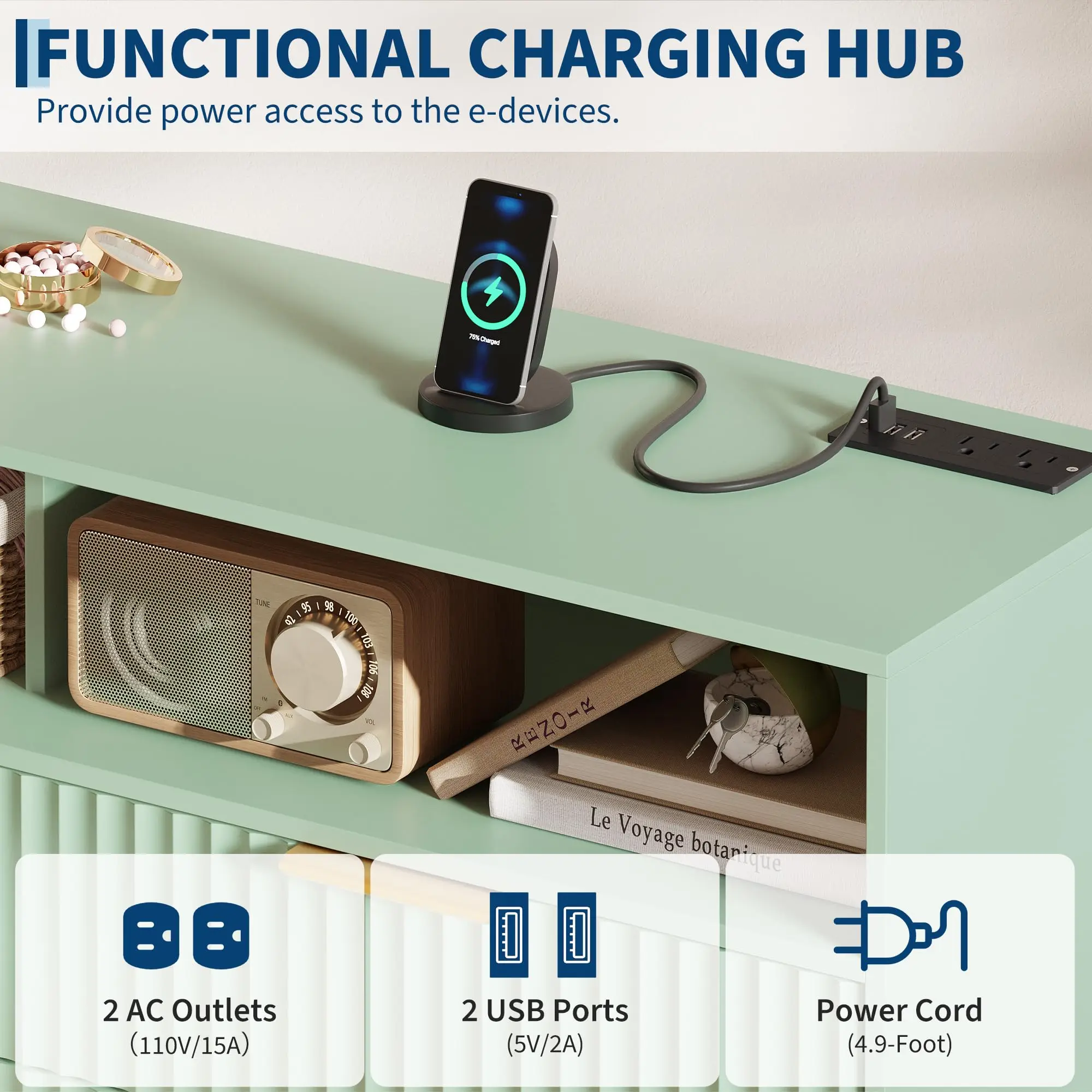 GAOMON 6-Drawer Dresser with LED Lights & USB Charging Station –GAOMON  Modern Fluted Wood Chest of Drawers with Gold Handles for Bedroom – White/Black/Green