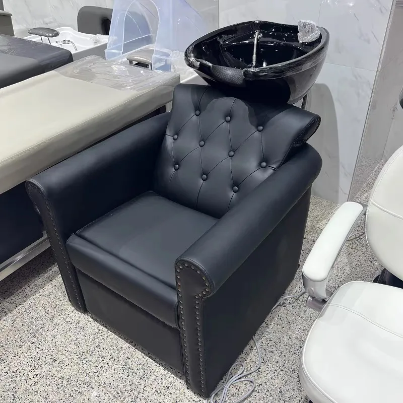 

Hot Sale All Black Shampoo Bed Flushing Bed Hair Salon Semi-reclining Shampoo Chair Manual Adjustment for Barber Shop
