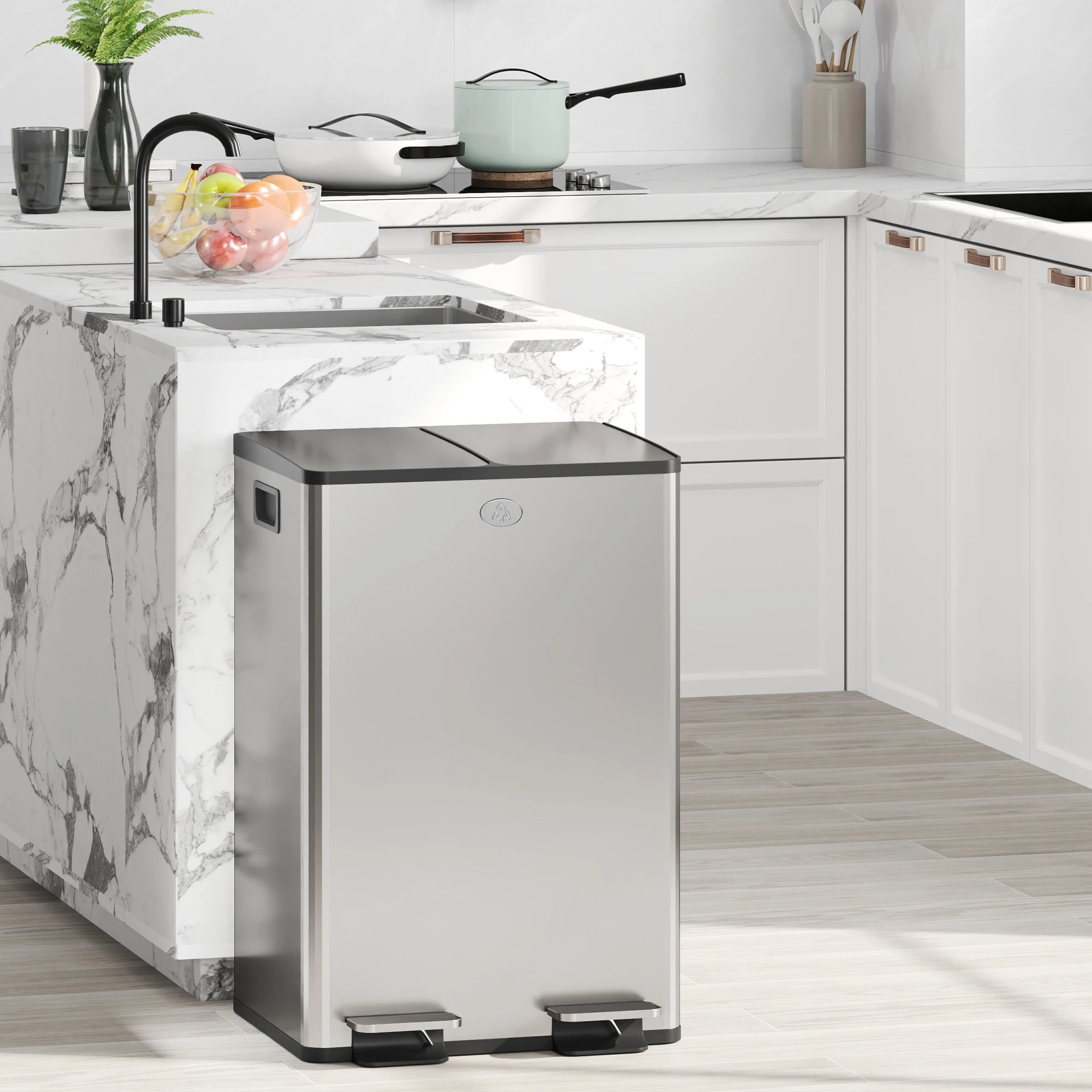 HOMCOM Mülleimer 2 x 28L Abfalleimer aus Edelstahl Mülltrennsystem mit Softclose Deckel, Herausnehmbare Inneneimer, Deodorant-Fächern Treteimer für Wohnung, Silber