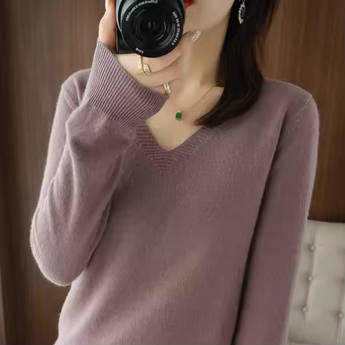 New Cashmere Women's V-neck Pullover Lace Neck Hollow Out Design Casual Knitted Long Sleeve Women's Sweater Autumn And Winter - Image 3