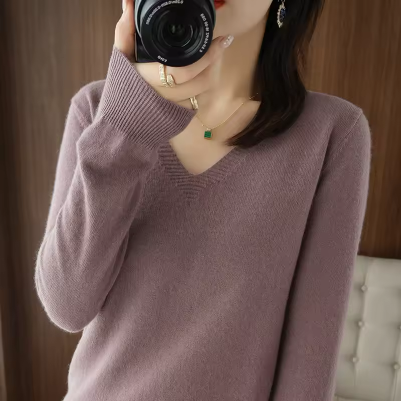 New Cashmere Women's V-neck Pullover Lace Neck Hollow Out Design Casual Knitted Long Sleeve Women's Sweater Autumn And Winter - Image 3