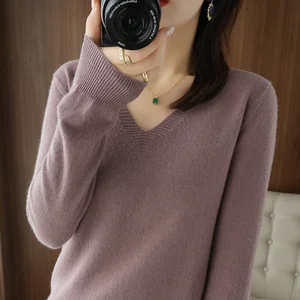 Pullover de Caxemira với nữ V -neck, thiết kế rỗng, mồ hôi lưới thông thường, tay áo dài, ren, mùa thu và mùa đông, mới 10 Bán hàng chính Pulover Caximire Nữ - №6
