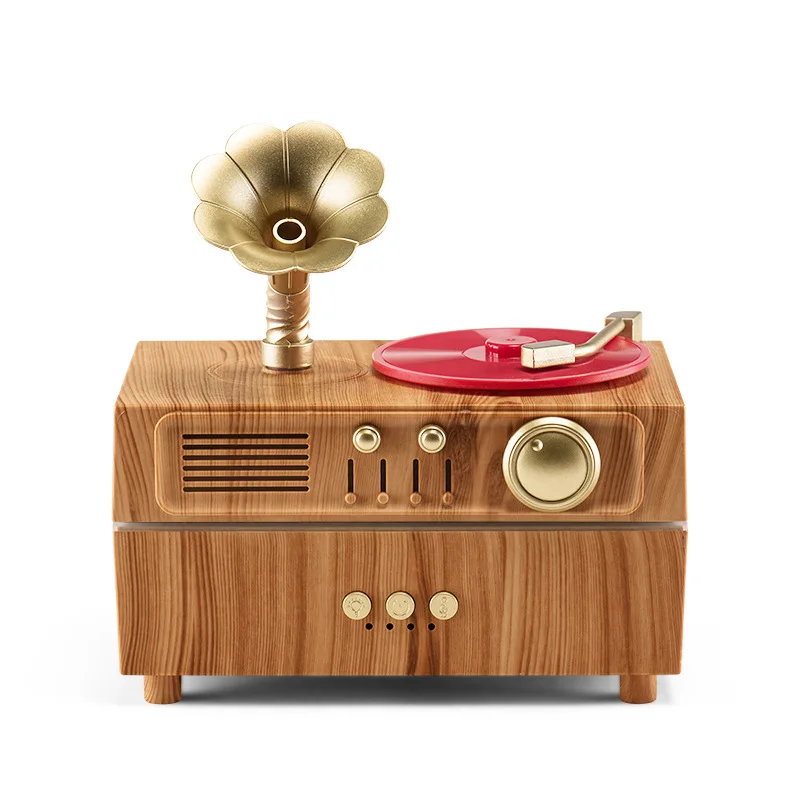 

Light Wood Grain Phonograph Essential Oil Diffuser Moving Trumpet Ultrasonic Bluetooth Speaker Diffuser Humidifier Color Light