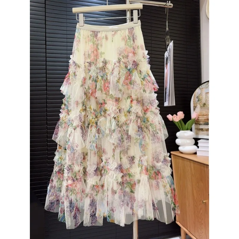 

Lace Maxi Skirt Spliced Floral Appliques Elegant Sweet Women Fairycore Tierred Gauze Long Skirt Female A-Line Autumn Spring