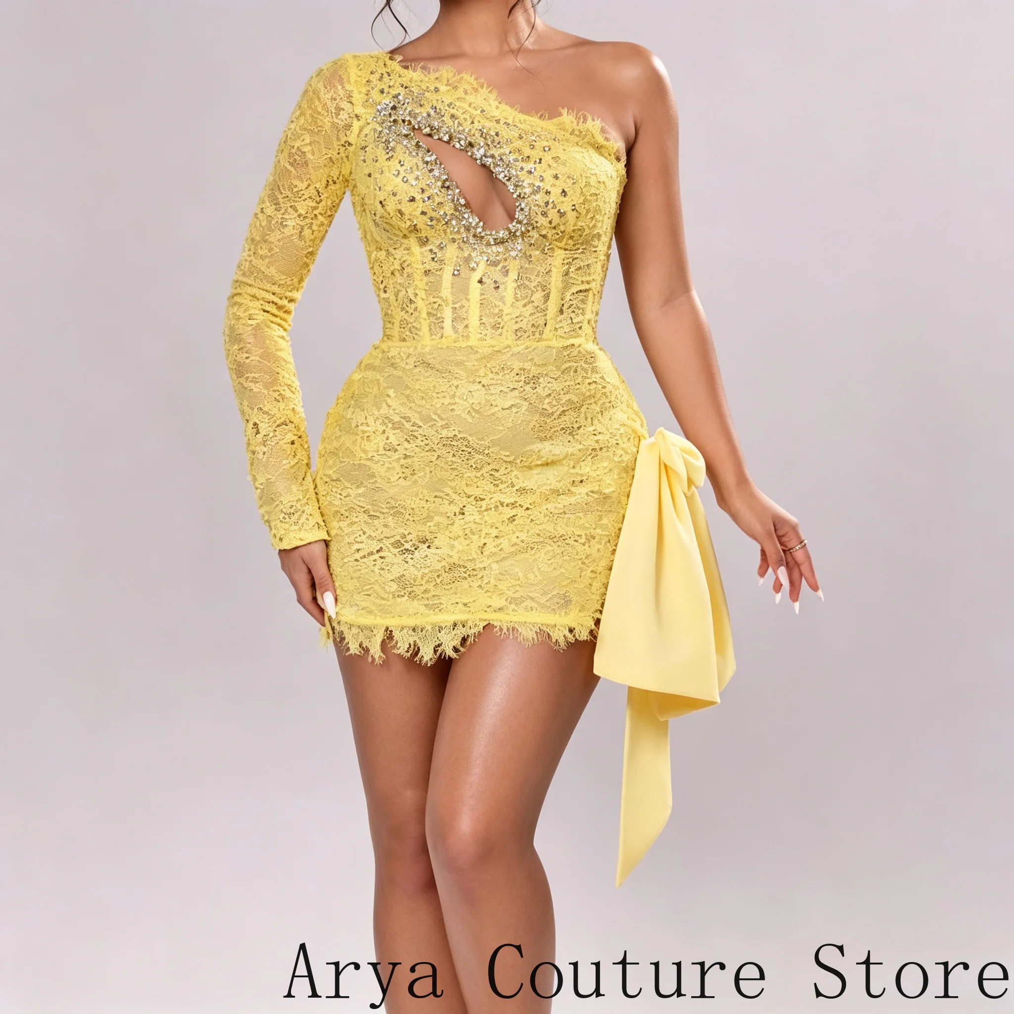 Yellow Lace Homecoming Mini Dress Chest Crystal Cutout Boned Corset Side Satin Bow Fringe Hem Short Cocktail Prom Dresses