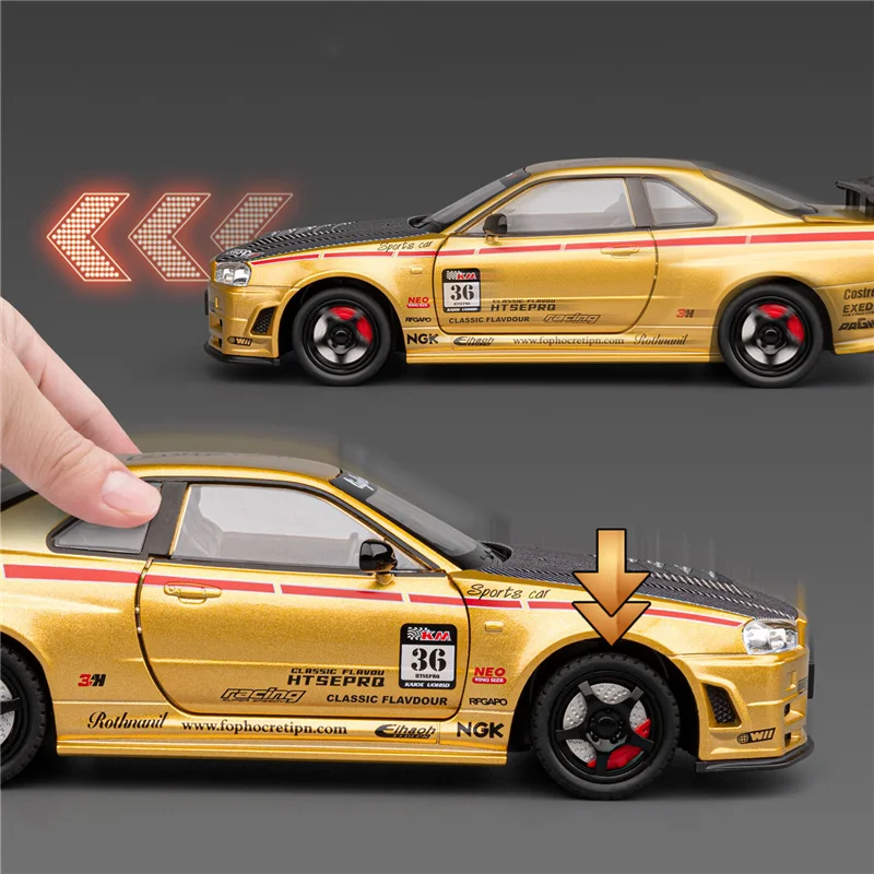 1:24 آريس سيلفيا سكاي لاين GTR R34 سبيكة سيارة رياضية نموذج Diecasts لعبة معدنية المسار سباق المركبات نموذج سيارة ضوء الصوت الاطفال هدية
