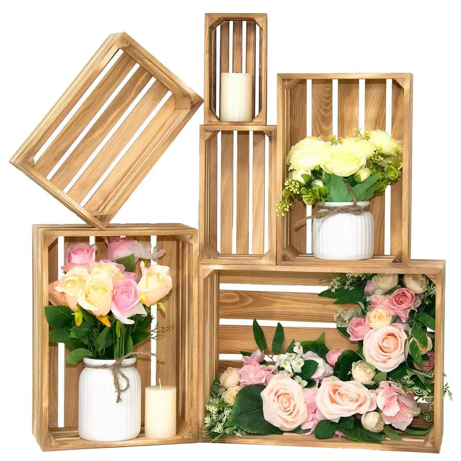 

Crates for Display 6 Pack Large Rustic Nesting Wooden Basket with Handle, Decorative Farmhouse Wood Crate for Storage and Contai