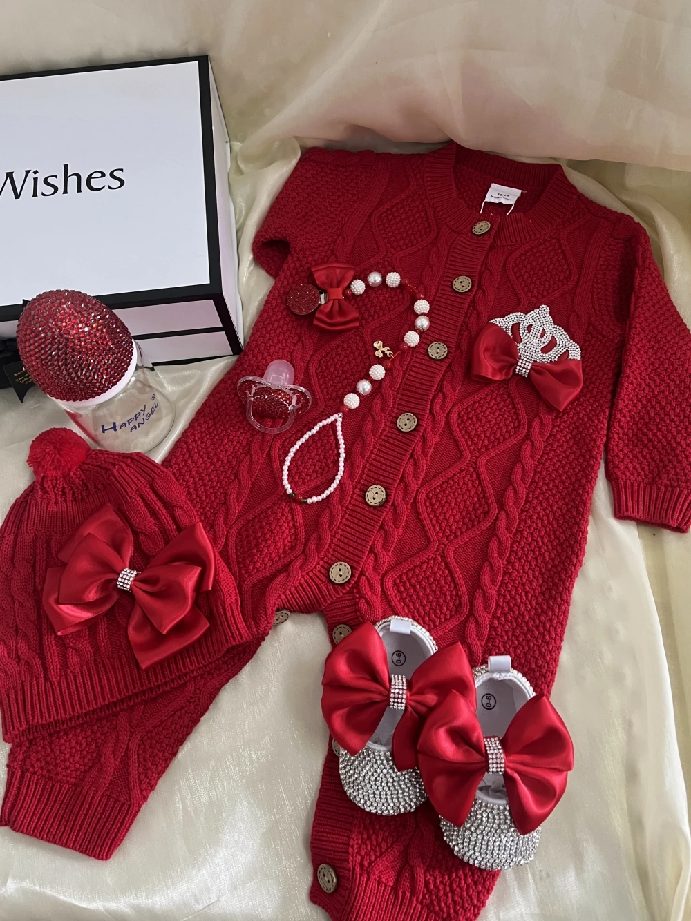 Dollbling Clothing Welcome Home Baby Photography Wedding Outfit Christmas Red Gift Box Bling Crown Crochet Romper Bonnet Set