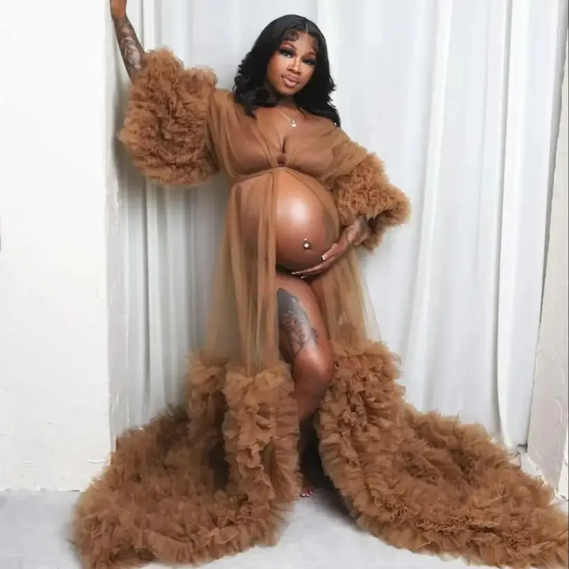 Vestidos de maternidade marrons para sessão de fotos, roupões para mulheres grávidas, vestidos de noite personalizados com babados de manga comprida