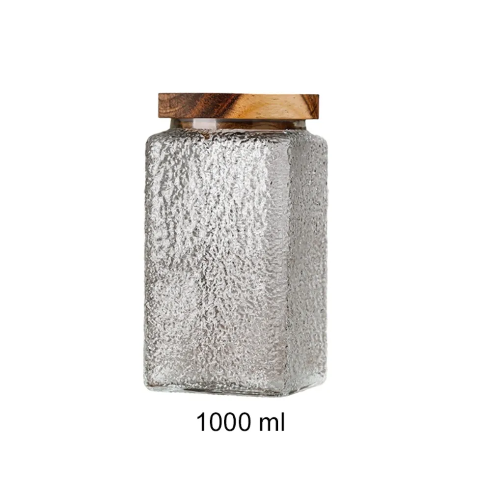 Multi-functional Vintage Embossed Glass Storage Jar Wood Lid Square Mason Jar Thickened Sealed Grains Storage Box Coffee Bean