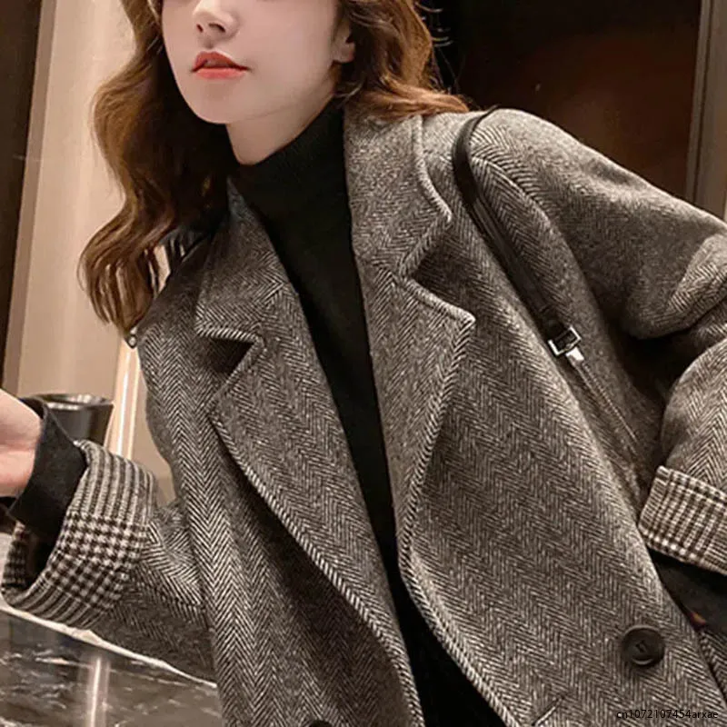 Oversized Women's Wool Blend Suit Jacket Spring Casual Woollen Overcoat Korean Fashion Loose Blazers Office Vintage Jaquetas