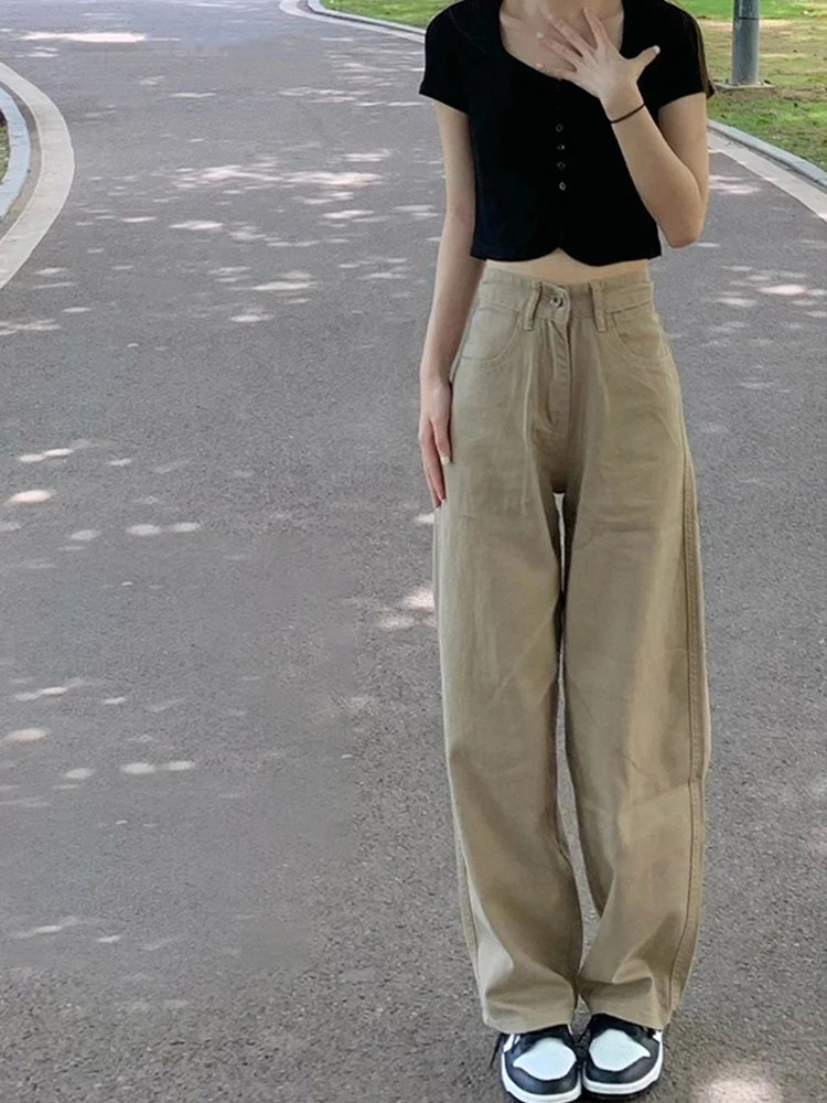 

Джинсы из денима цвета хаки больших размеров для женщин, с высокой талией, прямые, повседневные, удобные, стройнящие, для полных девушек.