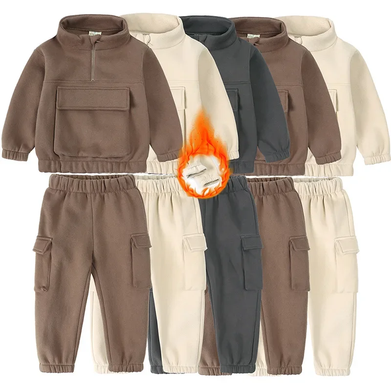 

Baby Kids Tracksuit Autumn Winter Hoodies Set Fleece Thick Warm Children Clothing Casual Sportswear 2pcs Boys Girls Costumes