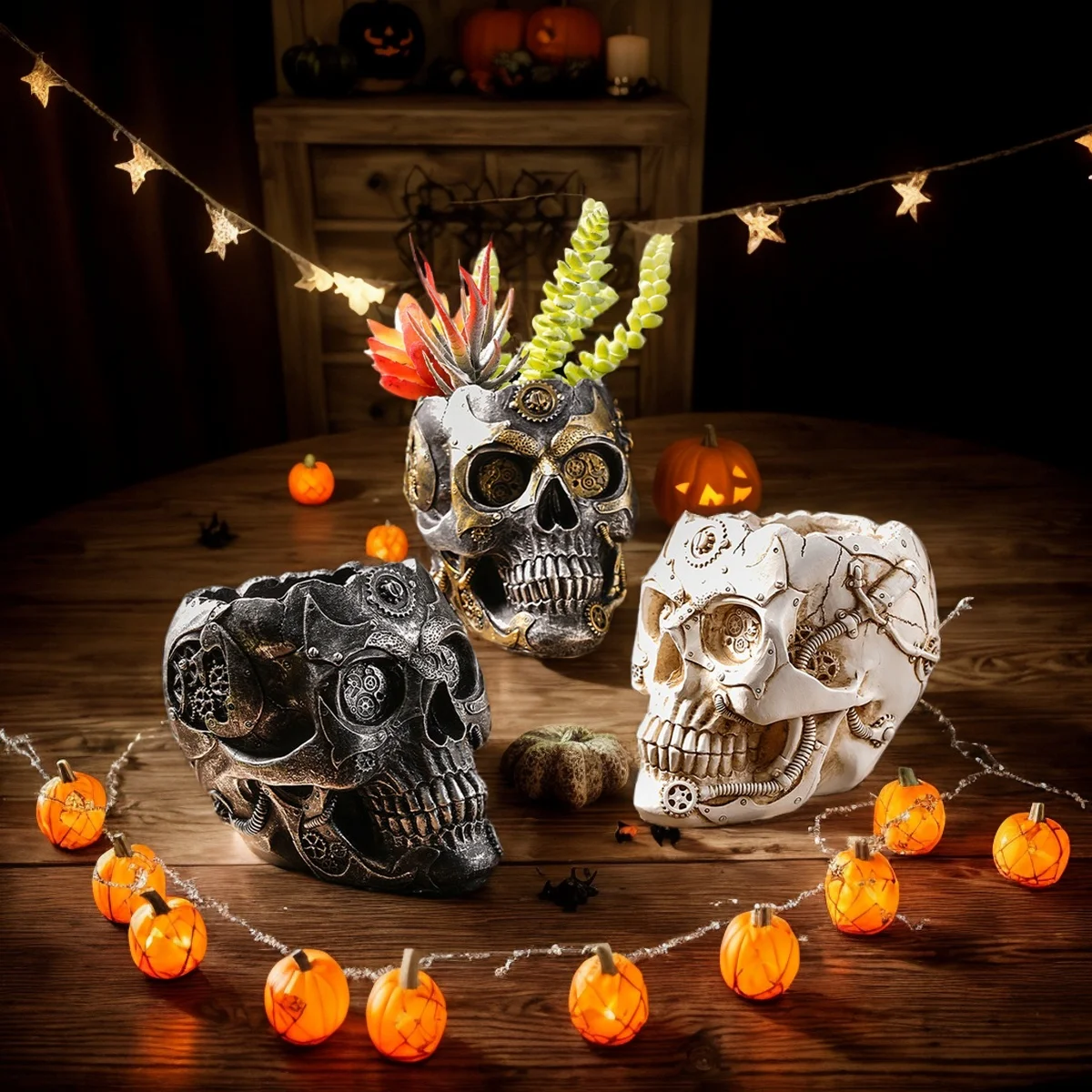 1 Stück, Halloween-Party Punk-Stil Mechanische Weiße, Schwarz-Goldene und Silber-Schwarze Totenkopf-förmige Vasen