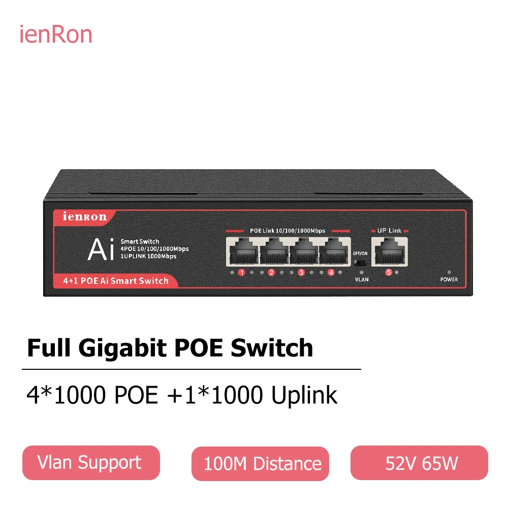 

Ienron POE Swtich 5 Ports 1000Mbps 52V 72W Ethernet Switch Gigabit Network Switch Ethernet Splitter for Wifi Router Wireless AP