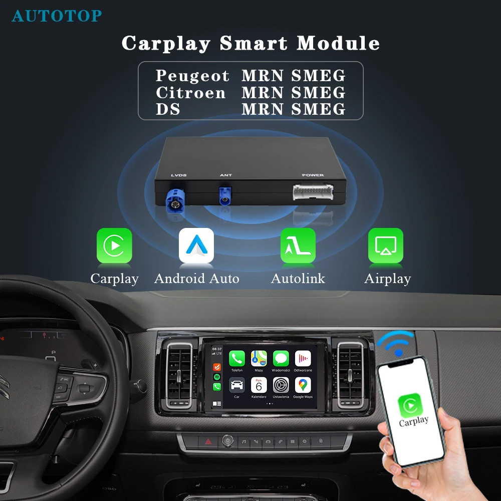 AUTOTOP Wireless Carplay Android Auto AirPlay Module Box For Peugeot Citroen SMEG SMEG+ Picasso C4 C5 DS4 DS3 308 508 208 3008