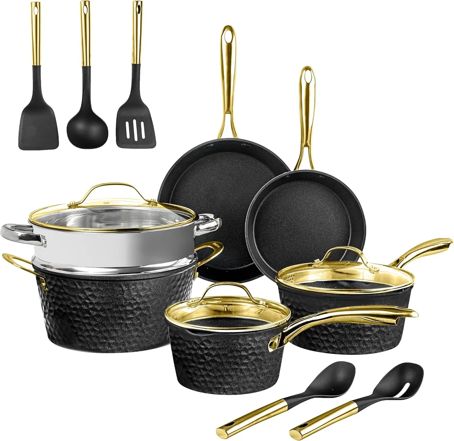 Cookware Sets Induction Modern Black 15PCS Complete Signature Non Stick Aluminium Hammer Cookware Set