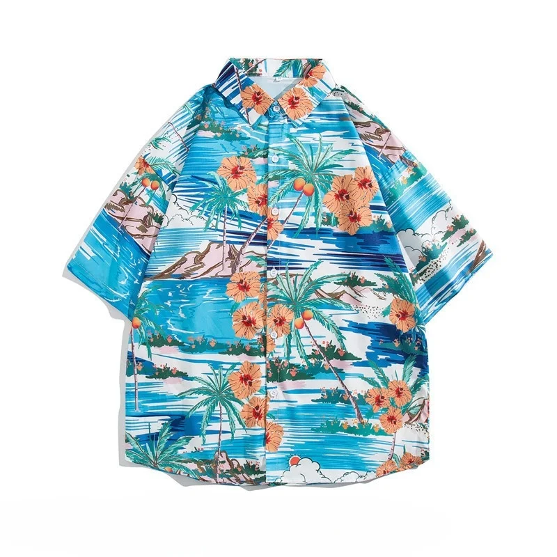 Summer Men's Hawaiian Travel Retro Flower Shirt Casual Loose Fit Handsome Vacation Beach Short Sleeve Floral Shirt Jacket