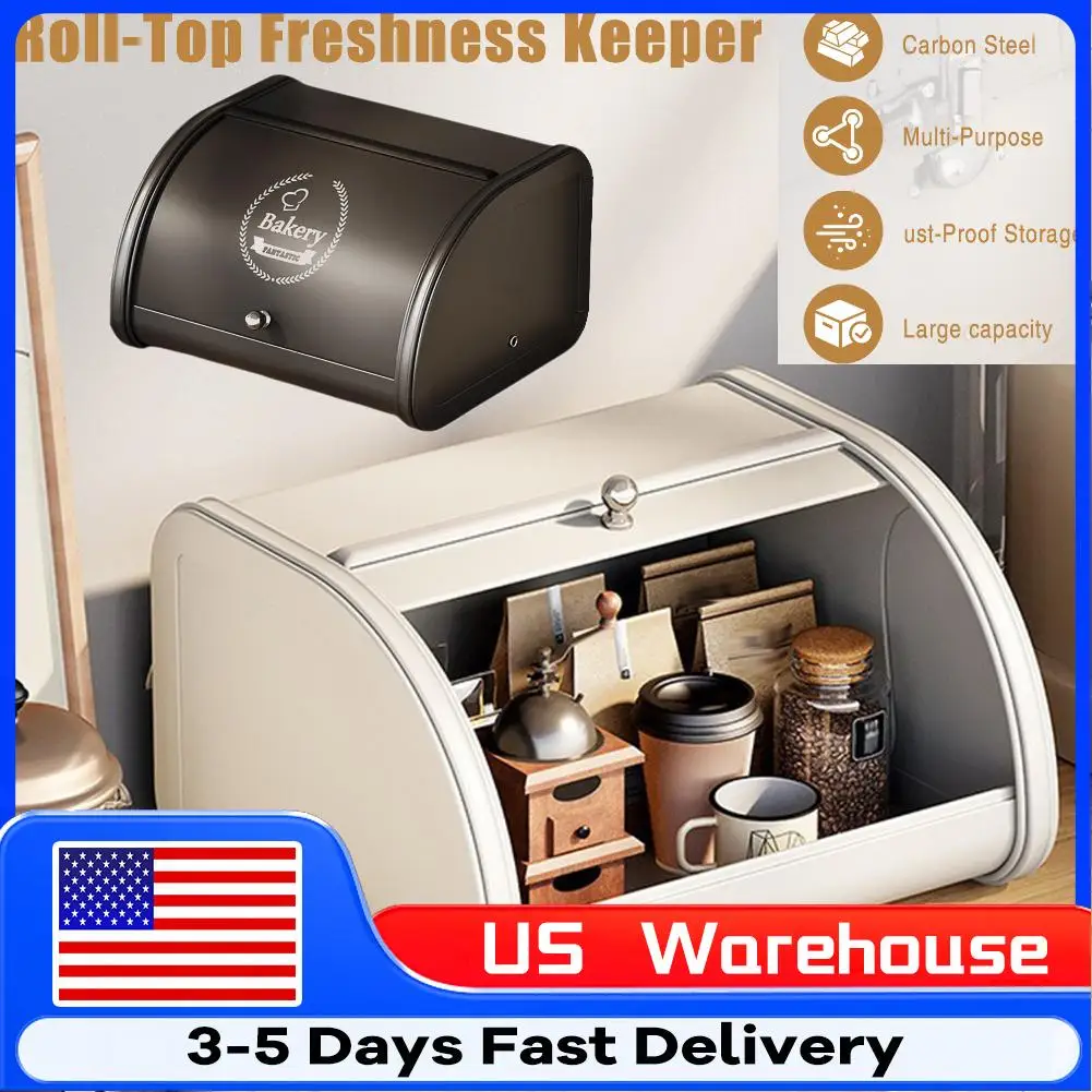 

Bread Storage Bin Container with Roll-up Lid Retro Kitchen Storage Box Large Capacity Countertop Carbon steel Keeper for Cookies