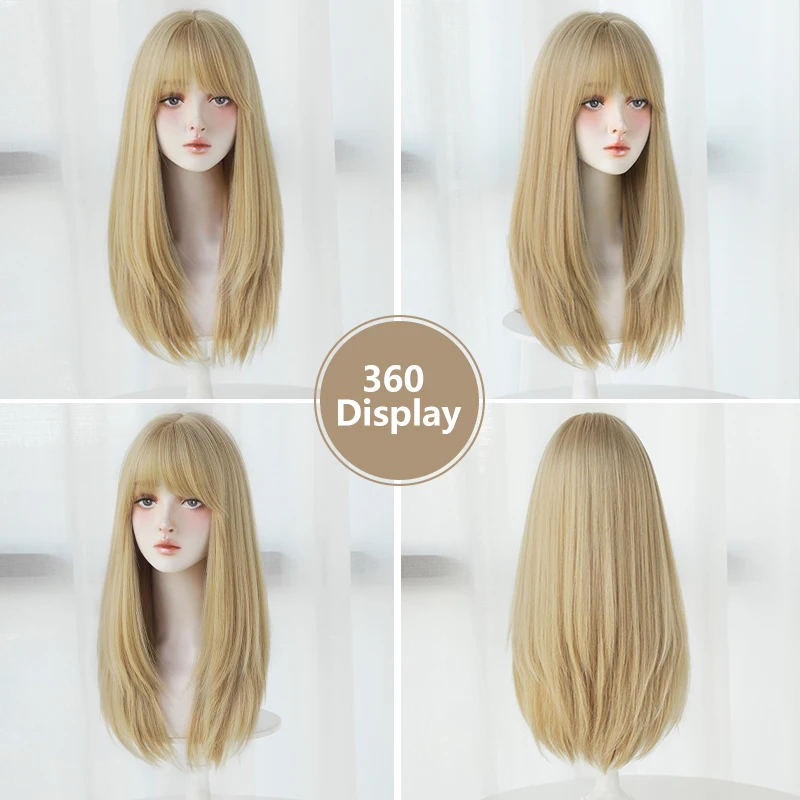 Perucas loiras em camadas retas com franja pura peruca de cabelo falso natural sintético de alta densidade para mulheres perucas de festa cosplay diárias