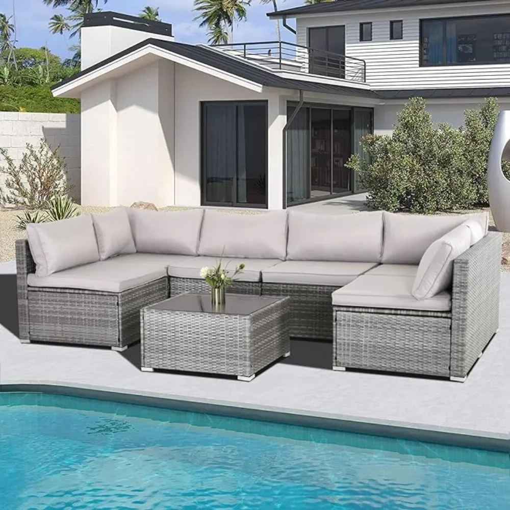 Rattan Patio Furniture Set, Outdoor Sectional Sofa Set, Modular, 7 Pcs, Rattan, Patio Conversation Set