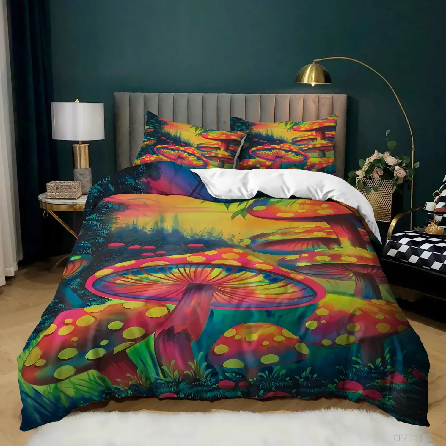 Mushroom Duvet Cover King/Queen Size Magic Forest Colorful Cute Psychedelic Mushrooms Polyester Bedding Set for Kids Multicolor
