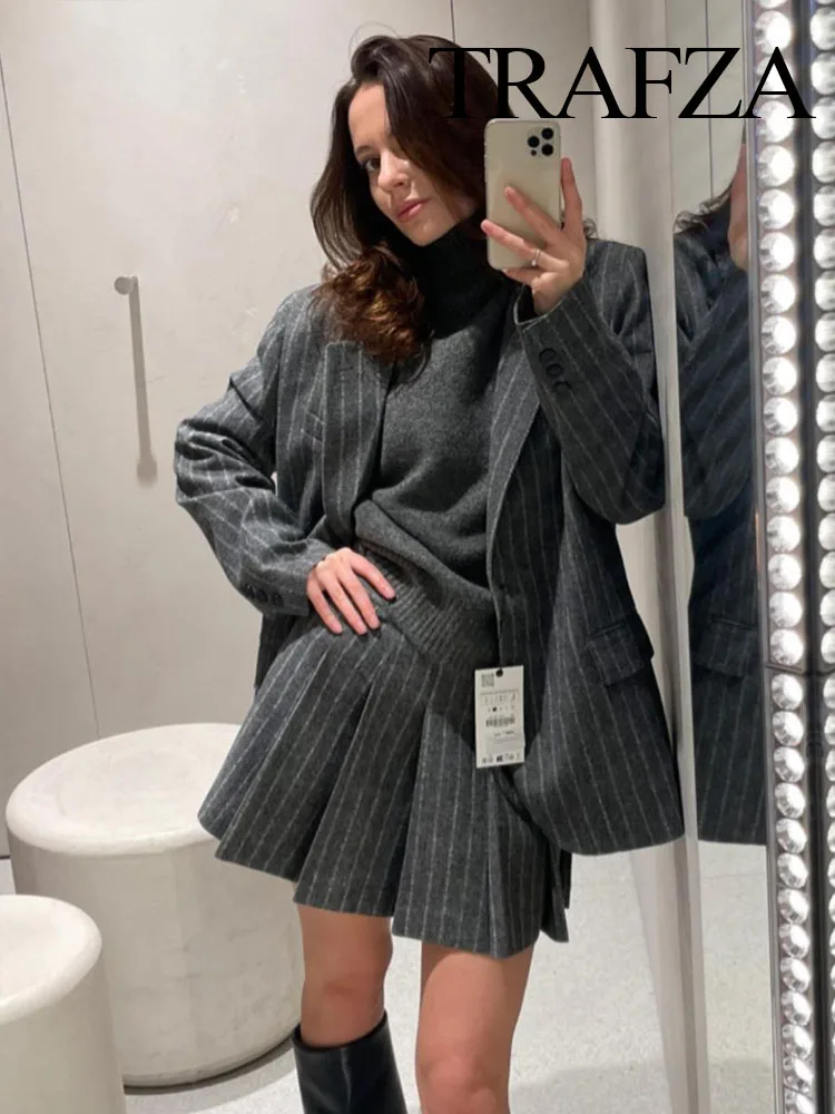 TRAFZA Spring 2 Piec Suits For Women V Neck Long Sleeves Single Breasted Blazer Coat + Folds Streetwear Women's Mini Skirt