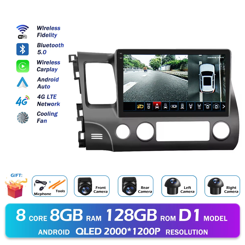 Android 16 Bluetooth Voor Honda Civic 2006-2011 Autoradio Intelligente Multimedia Speler Auto Draadloze CarPlay WIFI 4G DSP GPS