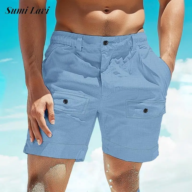 

Повседневные мужские льняные шорты для отдыха, летние дышащие свободные прямые шорты для отдыха, винтажные шорты-карго с карманами на пуговицах