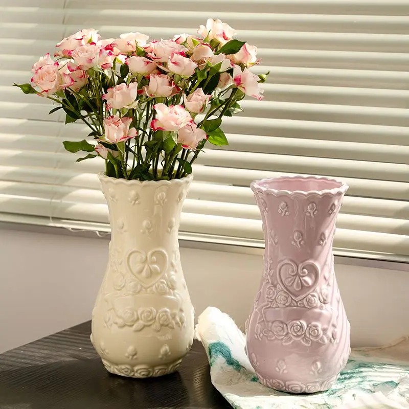 Ornaments European Style Retro Relief Rose Imitation Ceramic Vase Living Room Senior Sense Desktop Home Decoration