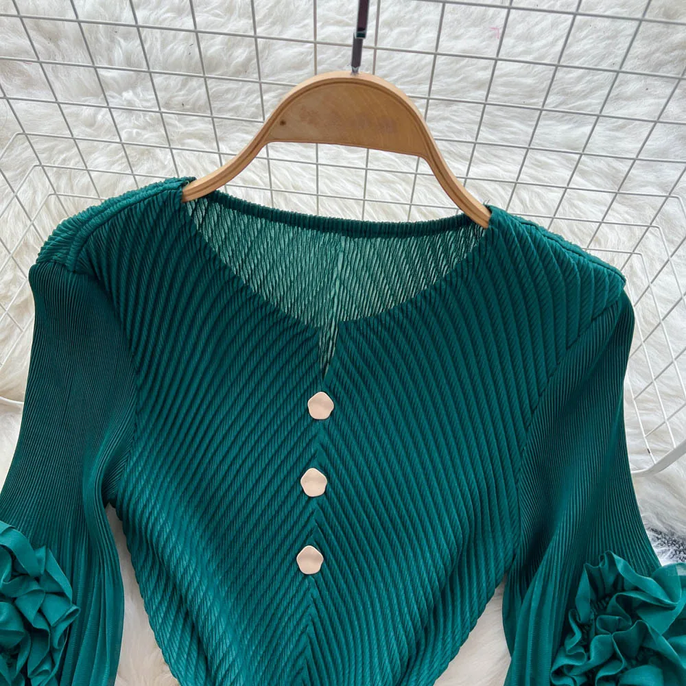 فساتين نسائية مطوي فستان متدرج كم طويل ياقة مستديرة ثلاثية الأبعاد زهرة طول الكاحل دانتيل فضفاض أنيق غير رسمي 2025 خريف شتاء #5