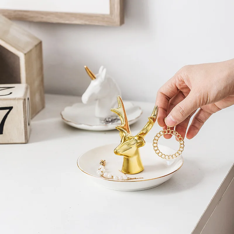 Nordic Ceramic Gold plating Small Jewelry Dish Earrings Necklace Ring Storage Plates Fruit Dessert