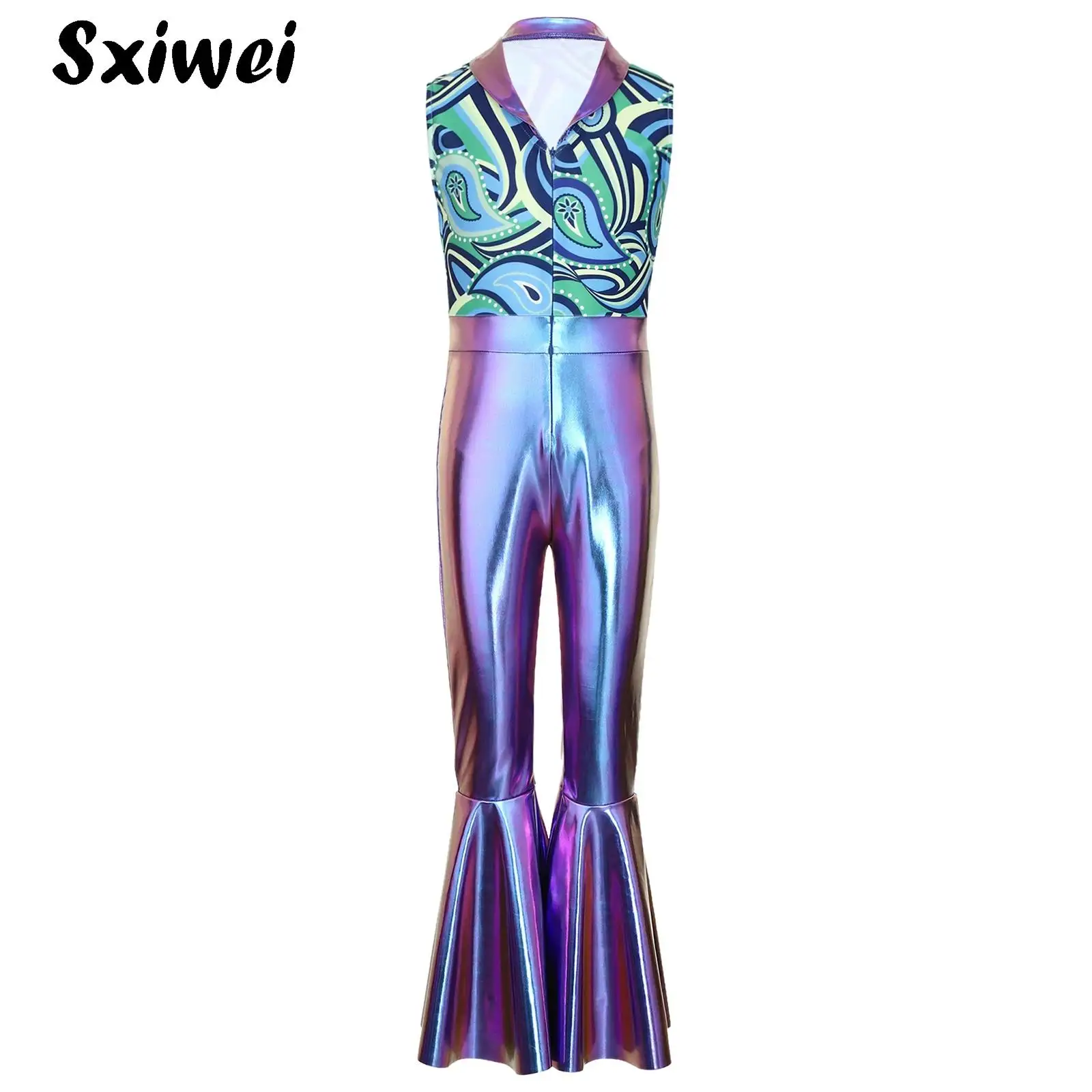 Kid Boys 70s Disco Hippie Costume Jumpsuit Sleeveless Print Metallic Shiny Bell Bottom Pants Halloween Singer Jazz Dance Rompers