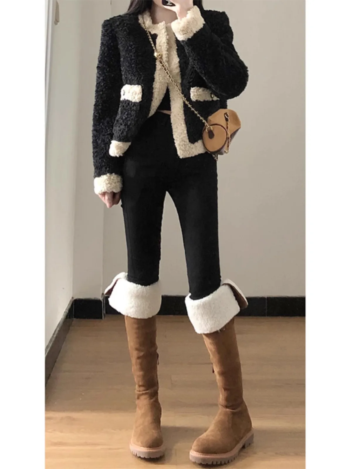 

Lamb Fur ort Jaet Women's Thiened Cotton Coat Winter New Sle Small Size Faionable Simulation Fur round Ne Button up