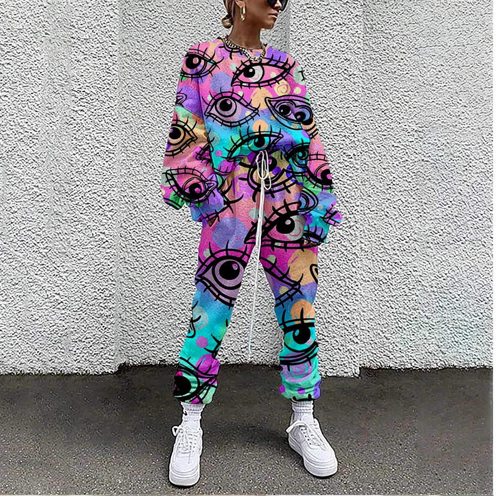 Women Tracksuit Painted Graffiti Print 2 Piece Outfit Sweatshirt+Straight Sweatpants Matching Set Fitness Sporty Streetwear