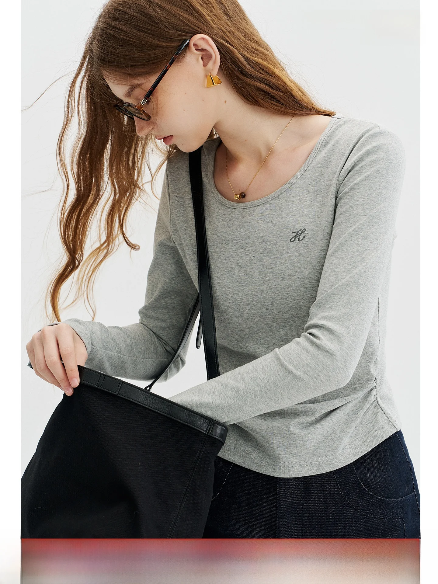 Classy Long Sleeve T-Shirt Women's Classic Versatile Basic Style Drawstring Waist Pleated Large round Neck Comfortable Cotton