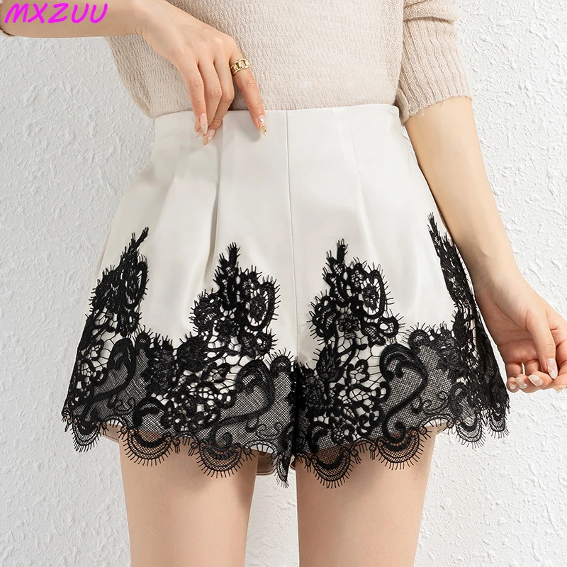 2022 New Women Sheepskin Wide Leg Pants Real Leather Stitching Lace Edge Elegant Slim Solid Color High Waist Shorts Moda Mujer