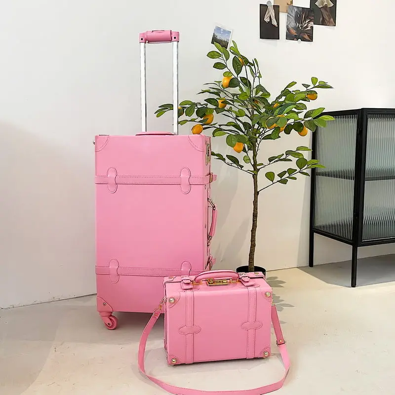 Valise en cuir PU rétro pour femme, valise de voyage, valise à roulettes, bagage à main, rose, cabine pour filles, ensemble de 2 pièces, 20 po, 22/24 po