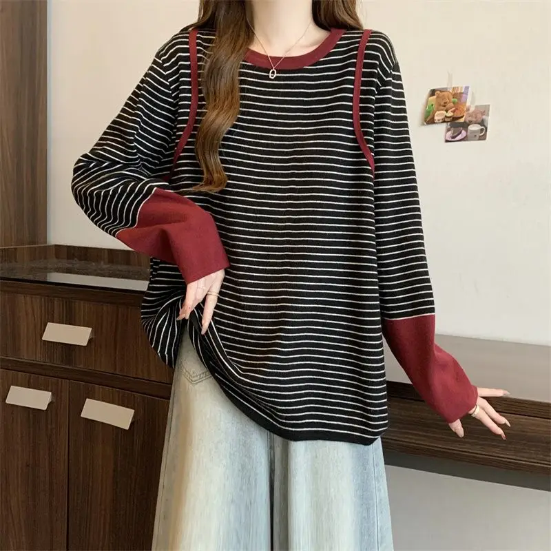 Contrast Patchwork Plus Size Striped Lazy Style T Shirts Spring Autumn Long Sleeve Loose Trend Tops Fashion Casual Women Clothes
